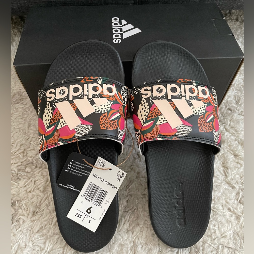 Adidas Adilette Comfort Slide Sandals - Pink Floral Core Black Wonder White